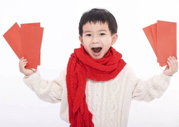 Счастливый Ребенок Показывает Держит Много Красного Конверта Новым Годом Китайски — стоковое фото
