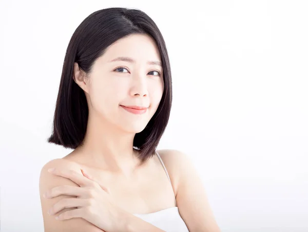 Primer Plano Asiático Joven Belleza Cara Con Limpia Fresca Piel — Foto de Stock
