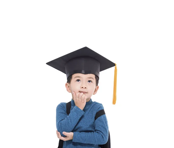 Feliz Niño Estudiante Una Gorra Graduado Pensando Mirando Hacia Arriba — Foto de Stock