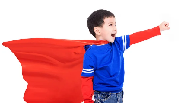 Kırmızı Süper Kahraman Pelerinli Maskeli Mutlu Çocuk — Stok fotoğraf