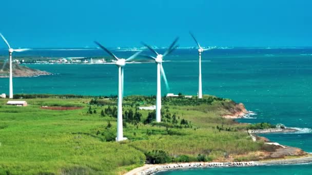Luchtfoto Van Gigantische Windturbines Penghu Taiwan — Stockvideo