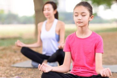 Anne ve kızı parkta çim üzerinde yoga egzersizleri yapıyor 