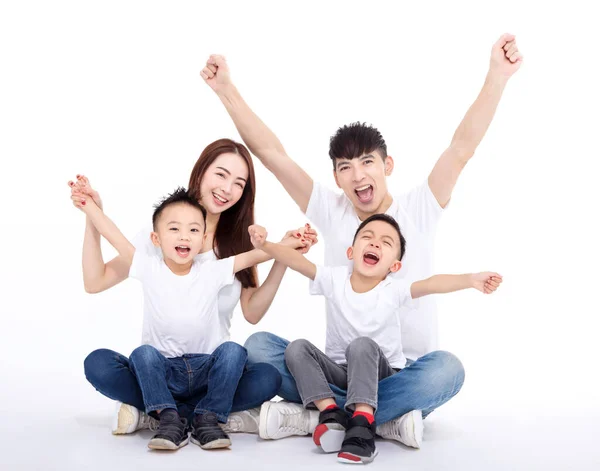 Happy Asian Family Sitting White Floor — Photo