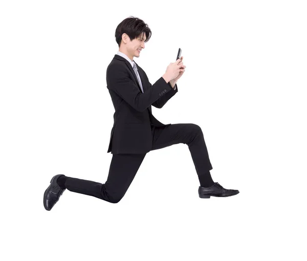 Side View Business Man Running Using Mobile Phone — Foto Stock