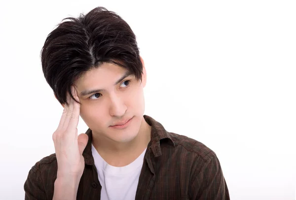 Young Man Standing White Background Depressed Worry Distress — Stock Photo, Image