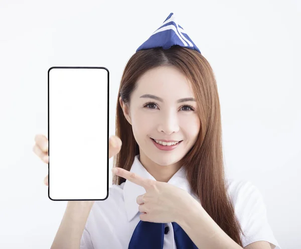 Beautiful Airline Stewardess Showing Mobile Phone Blank Screen White Background — Stock Photo, Image