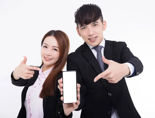 Επιχειρηματίας Άνδρας Και Γυναίκα Δείχνει Στο Smartphone Λευκή Οθόνη — Φωτογραφία Αρχείου