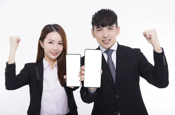 Geschäftsmann Und Frau Zeigen Smartphone Mit Weißem Bildschirm — Stockfoto