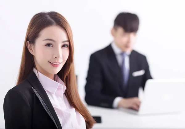 Successful Business Woman Sitting Her Staff Background Office — Stock Photo, Image