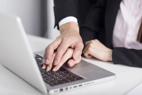 Business Man Touching Woman Hand Feeling Disgusted Uncomfortable Sexual Harassment — Stock Photo, Image