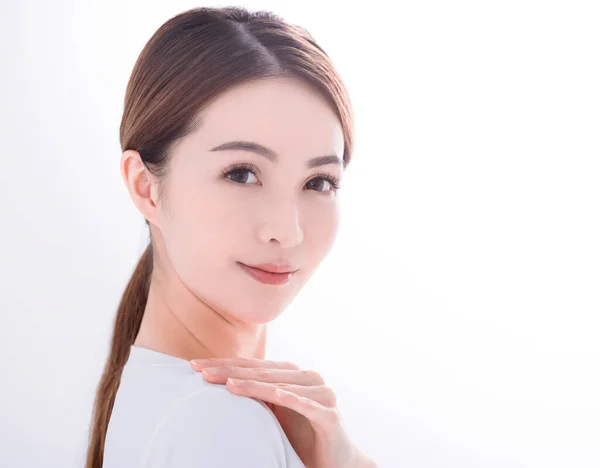 Mooie Jonge Vrouw Met Schone Frisse Huid Witte Achtergrond — Stockfoto