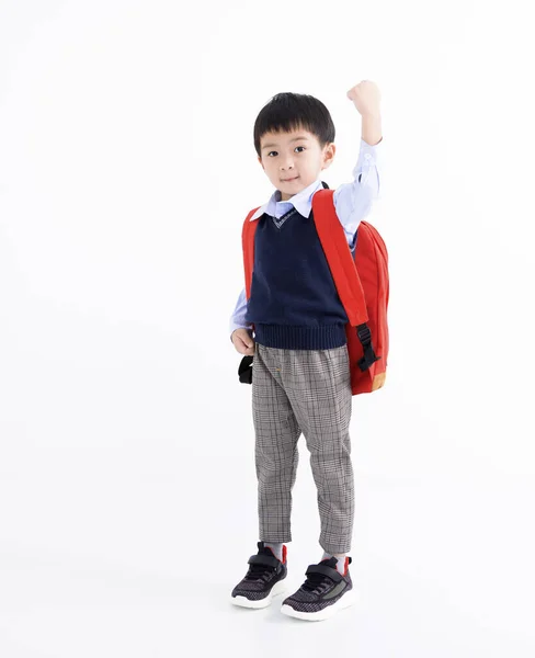 Очаровательный Азиатский Ребенок Студенческом Рюкзаке Изолирован Белом — стоковое фото