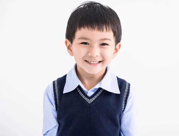 特写亚洲男孩白种人背景的快乐脸 — 图库照片