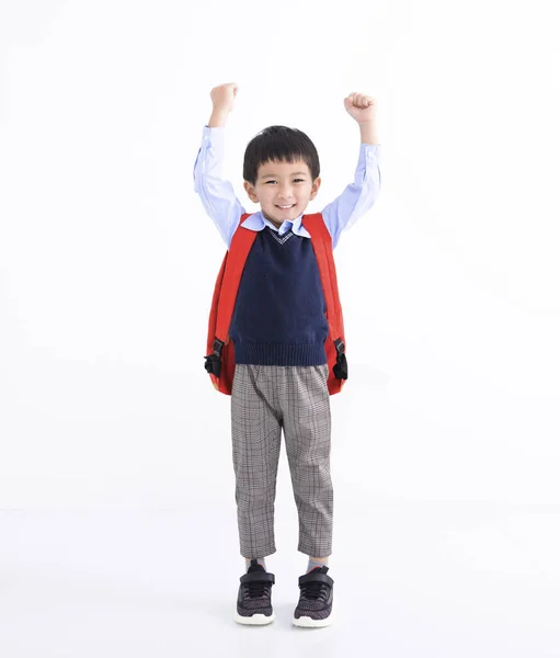Rozkošné Asijské Dítě Nosí Studentský Batoh Izolované Bílém — Stock fotografie