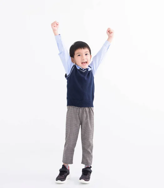 Szczęśliwy Azji Chłopiec Sukces Gest Odizolowany Biały — Zdjęcie stockowe