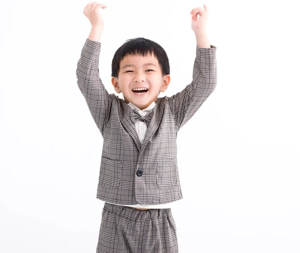 Glad Asiatisk Pojke Med Framgång Gest Isolerad Vit — Stockfoto