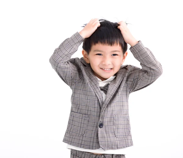 Азиатский Мальчик Чувствует Себя Неловко Хватает Волосы — стоковое фото