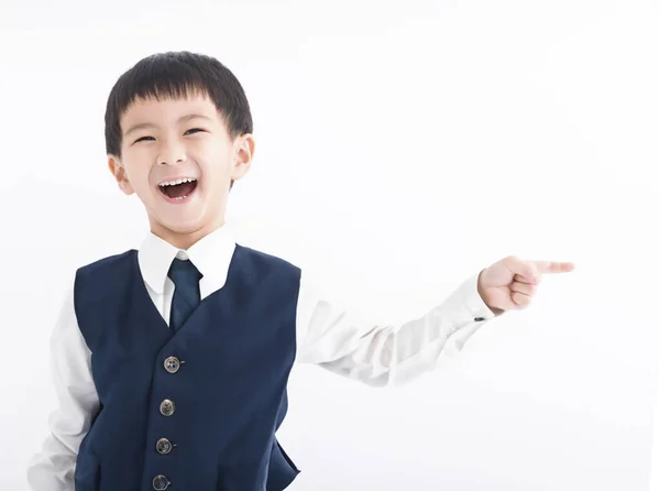 Niño Feliz Señalando Con Dedo Espacio Copia —  Fotos de Stock