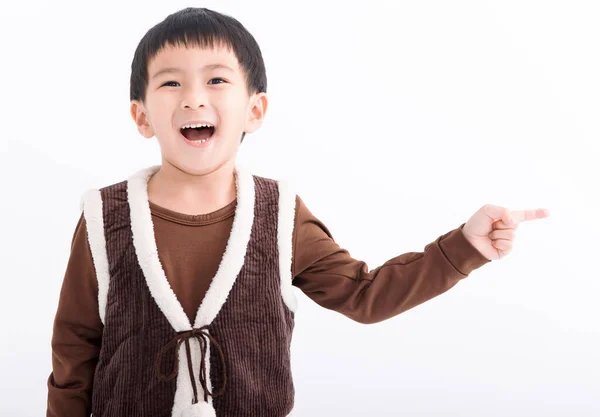 Happy Boy Pointing Finger Away Copy Space — Stock Photo, Image