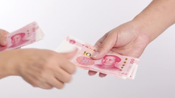 Comptage Main Passant Monnaie Chinoise Yuan Main Donnant Argent Billets — Video