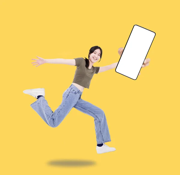 Menina Feliz Estudante Mostrando Tela Branco Celular Salto Correr Desgaste Fotografia De Stock
