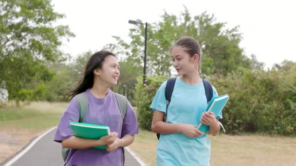 Estudante Feliz Meninas Andando Falando Escola — Vídeo de Stock