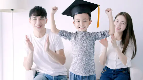 Parent Congratulates Child Graduating Kindergarten Children Graduate Parent Love Kid — Stock Photo, Image