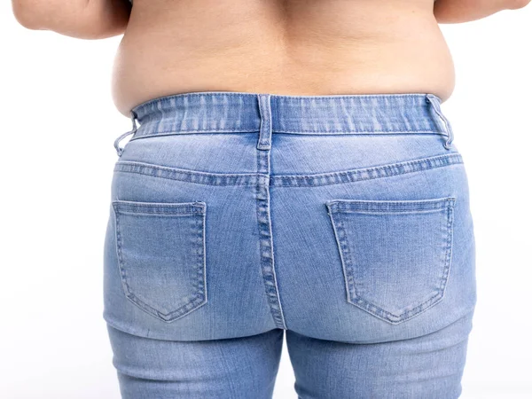バックビュー 脂肪の女性は太りすぎを持っています ロイヤリティフリーのストック写真
