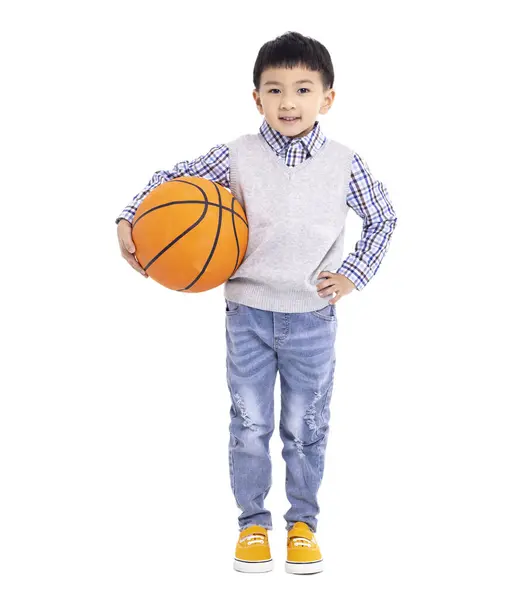 Feliz Asiático Chico Sosteniendo Baloncesto Sonriendo Aislado Blanco Fondo —  Fotos de Stock