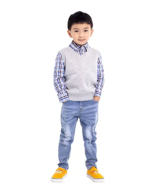 Full Längd Glad Asiatisk Liten Pojke Isolerad Vit Bakgrund Stockbild