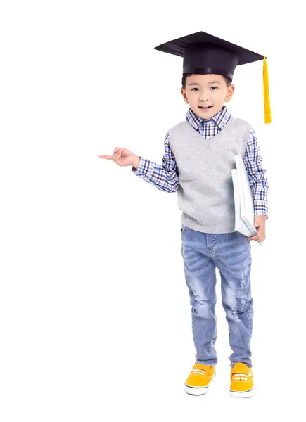 Happy Asian School Kid Graduate Graduation Cap Hand Pointing Copy Royaltyfria Stockfoton
