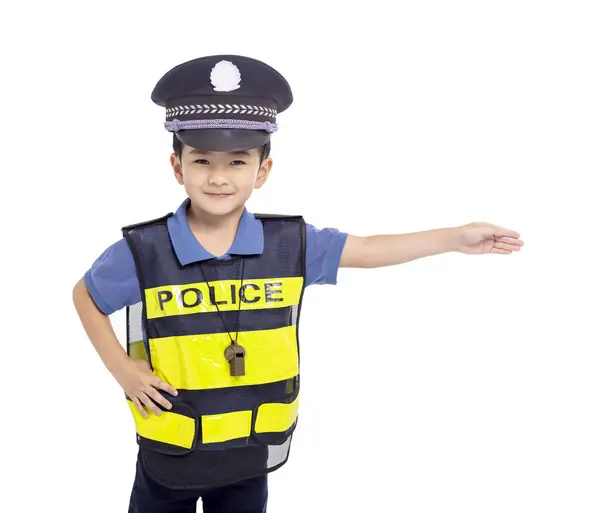 Bambino Vestito Agente Polizia Piedi Davanti Sfondo Bianco Immagini Stock Royalty Free