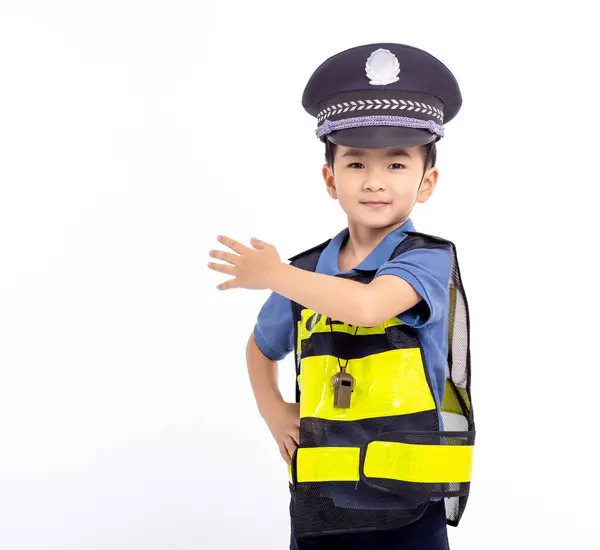 Bambino Vestito Agente Polizia Piedi Davanti Sfondo Bianco — Foto Stock