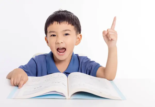 Excited Asian Child Schoolboy Studying Home Royalty Free Stock Photos