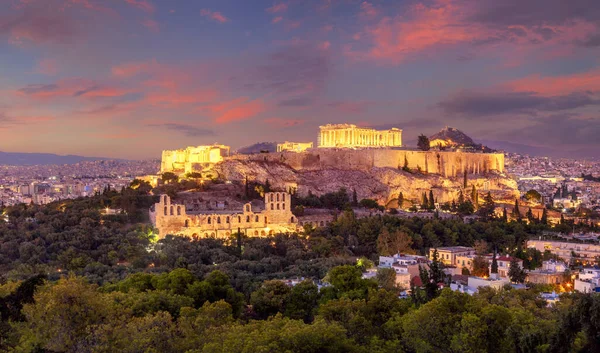 Berömda Grekland Akropolis Aten Grekland Med Parthenon Templet Med Ljus — Stockfoto