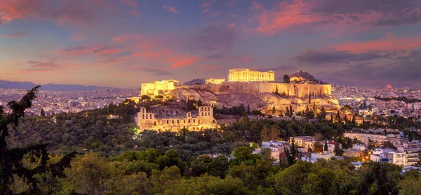 Slavný Panorama Akropole Aténách Řecko Chrámem Parthenon Světly Během Západu — Stock fotografie