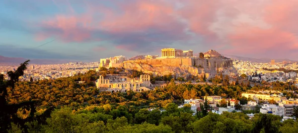 Panoramic View Acropolis Athens Greece Parthenon Temple Colorful Clouds Sunset — Stock Photo, Image
