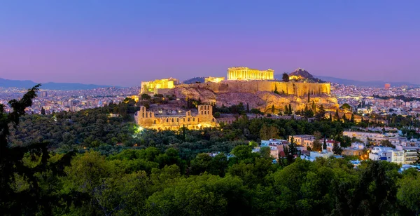 Grecja Akropol Aten Grecja Świątynią Partenon Światłami Podczas Zachodu Słońca — Zdjęcie stockowe
