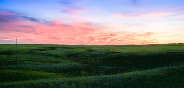 Krásná Zvlněná Zelená Zemědělská Půda Pod Lehce Zataženou Večerní Oblohou — Stock fotografie