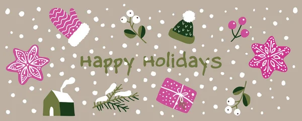 Mutlu Bayramlar Öğeleri Yıldızlı Pankart Ökseotu Diğer Noel Unsurları Yatay — Stok Vektör