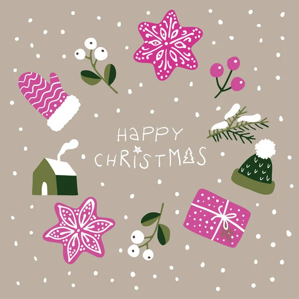 Mutlu bayramlar öğeleri, yıldızlı pankart, ökseotu ve diğer noel unsurları - kare vektör illüstrasyonu