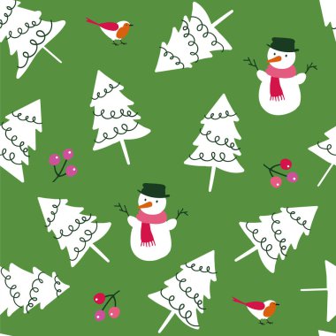 Mutlu noel unsurları Noel ağaçları, ökse parmakları ve kardan adam paketleme kağıdı, duvar kâğıdı, kumaş, parti kağıdı - vektör illüstrasyon
