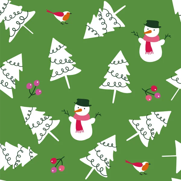 Mutlu noel unsurları Noel ağaçları, ökse parmakları ve kardan adam paketleme kağıdı, duvar kâğıdı, kumaş, parti kağıdı - vektör illüstrasyon