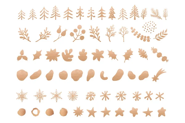 Goldene Kollektion Organischer Elemente Mit Sternen Bäumen Blättern Kristallen Punkten — Stockfoto