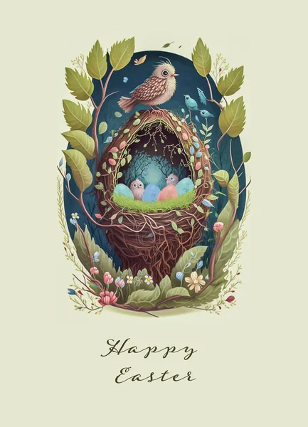 Dekoracyjny Wzór Ilustracji Wielkanoc Vintage Ptaki Jajka Koszyku Pięknym Lesie — Zdjęcie stockowe