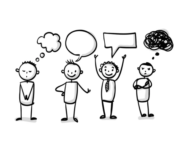 Erkekler ve kadınlar büyük bulutlu bir düşünce balonunda fikir alışverişinde bulunuyorlar - taslak tarzı dijital el çizimi vektör çizimi