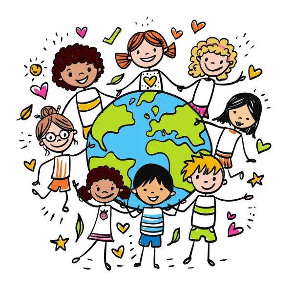 Feliz Dia Terra Bandeira Desenhada Mão Com Crianças Multi Étnicas —  Vetores de Stock