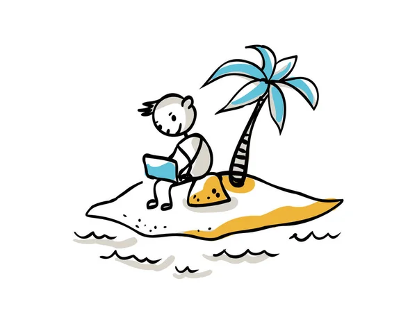 Digital Nomad Programmer Working Remote Tropical Island Surrounded Sea Vector — Stock Vector
