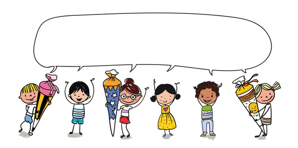 Hand Drawn Vector Cartoon Template Boys Girls School Speaking Message — Stock Vector