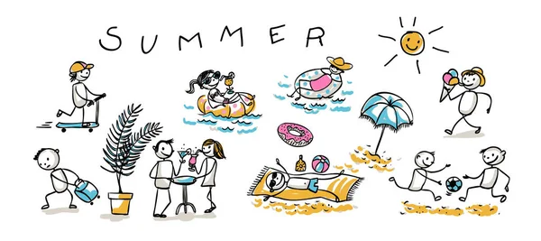 Summer Beach Different Stickmen People Enjoy Vacation — Stock Vector